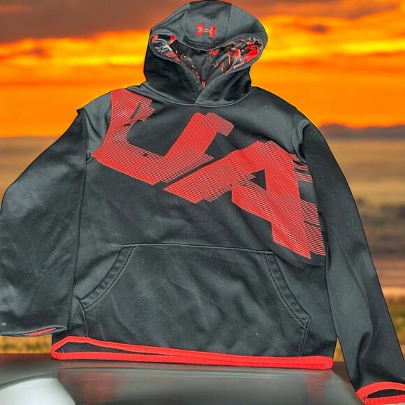 Under Armour Kids Large Hoodie ColdGear Youth Fleece Sweatshirt Black Red - Picture 1 of 10